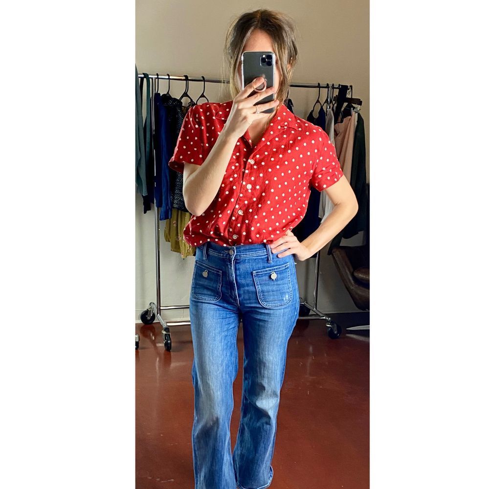 RALPH LAUREN Linen Polka Dot Button Down Tee